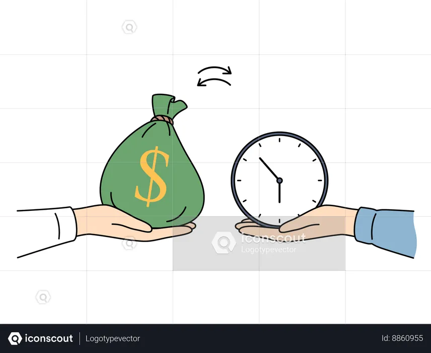 Main avec de l'argent et une horloge comme métaphore de l'échange de ressources financières contre du temps et de la délégation  Illustration