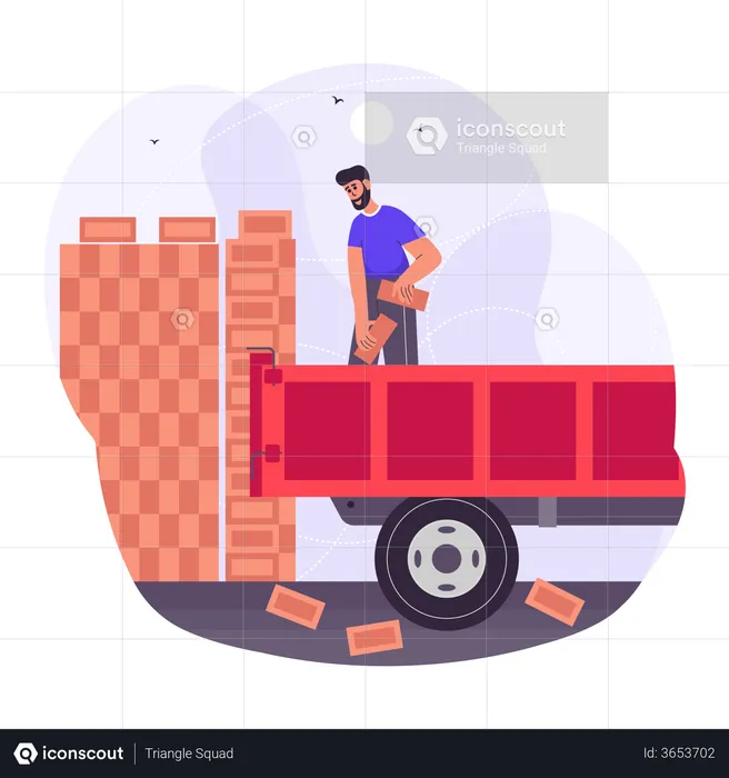 Travail chargeant les briques dans le camion de construction  Illustration