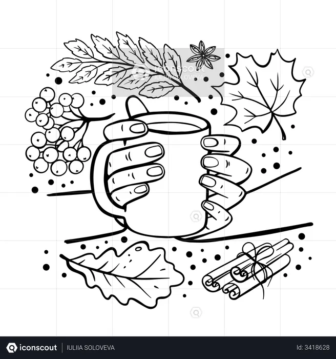 Main tenant une tasse de café pendant la saison d'automne  Illustration