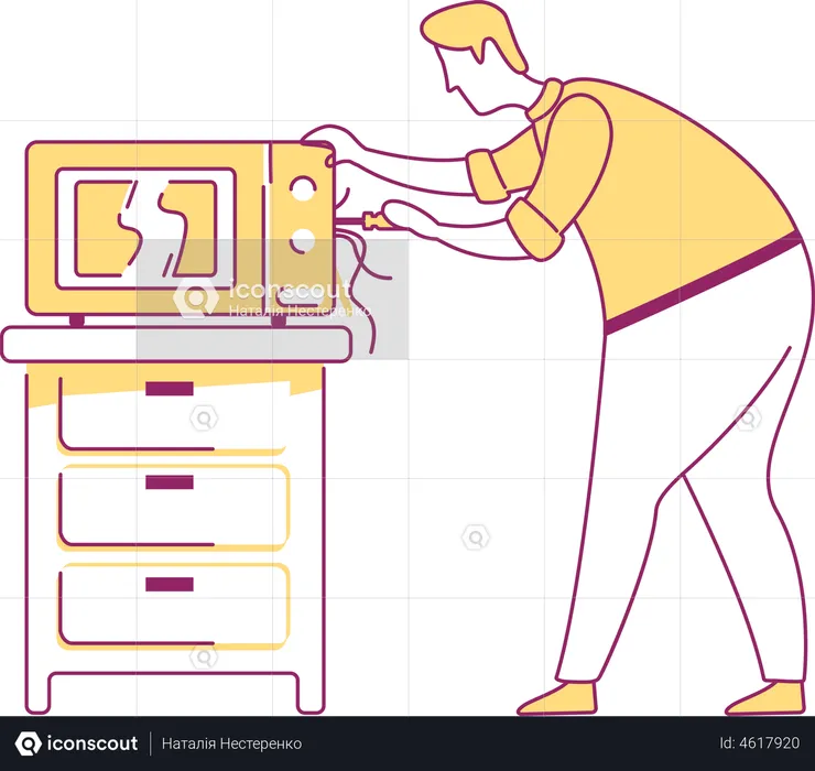 Maintenance worker fixing broken microwave  Illustration