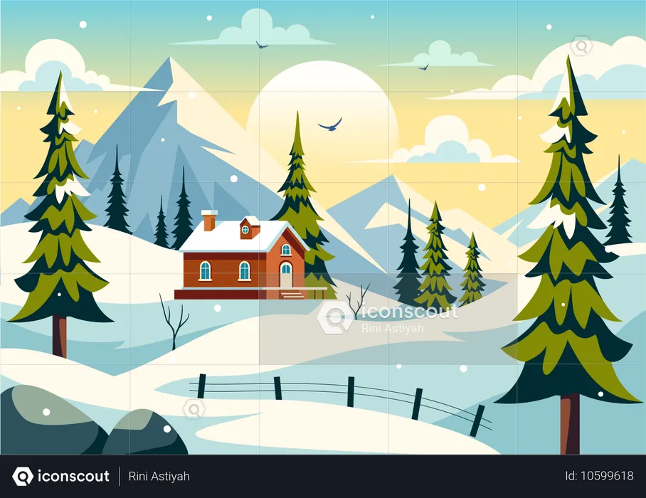 Maison de neige et sapin de Noël  Illustration