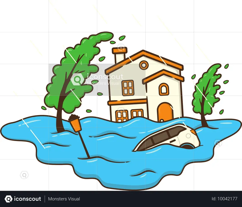 Une maison submergée par les vagues du tsunami  Illustration