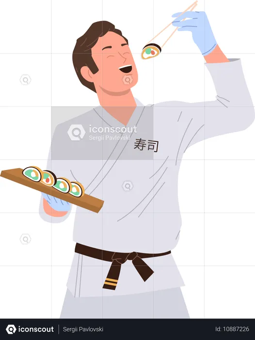 Maître sushi satisfait mangeant son plat fait maison debout  Illustration