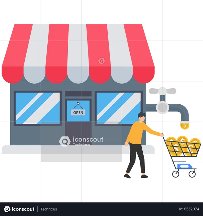 Make money from shop rent or sale, real estate or property investment, housing revenue or profit earning, residential concept, rich businessman get money profit from faucet flow from house rental.  Illustration