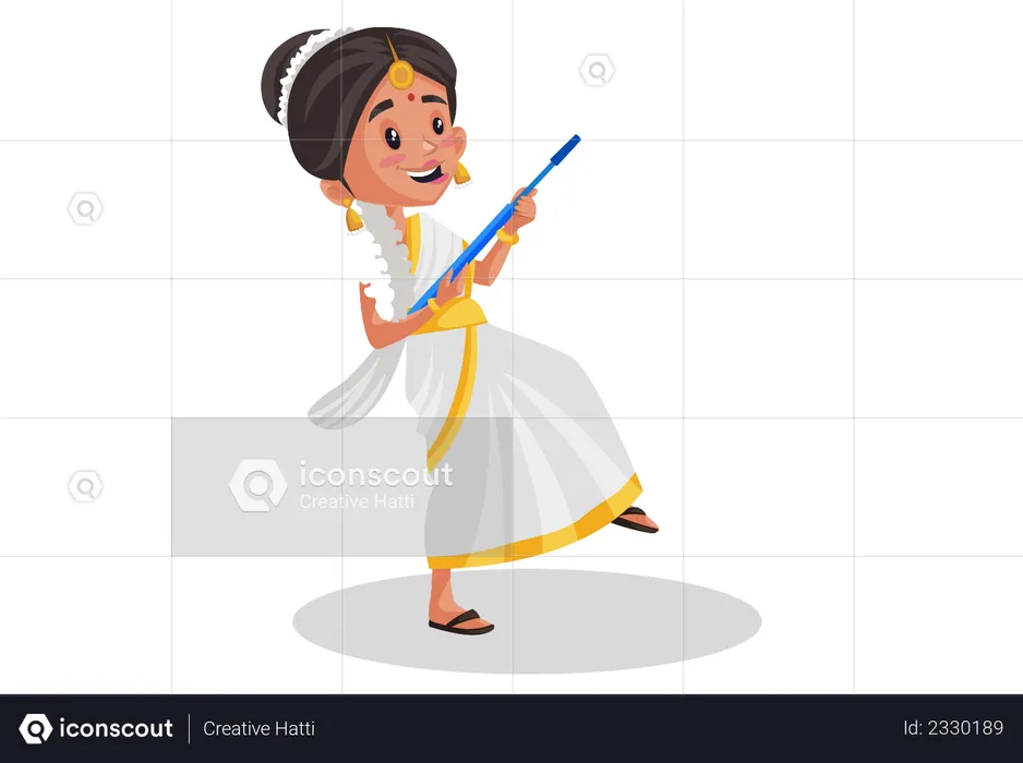 Femme malayali tenant une vadrouille dans ses mains comme guitare  Illustration