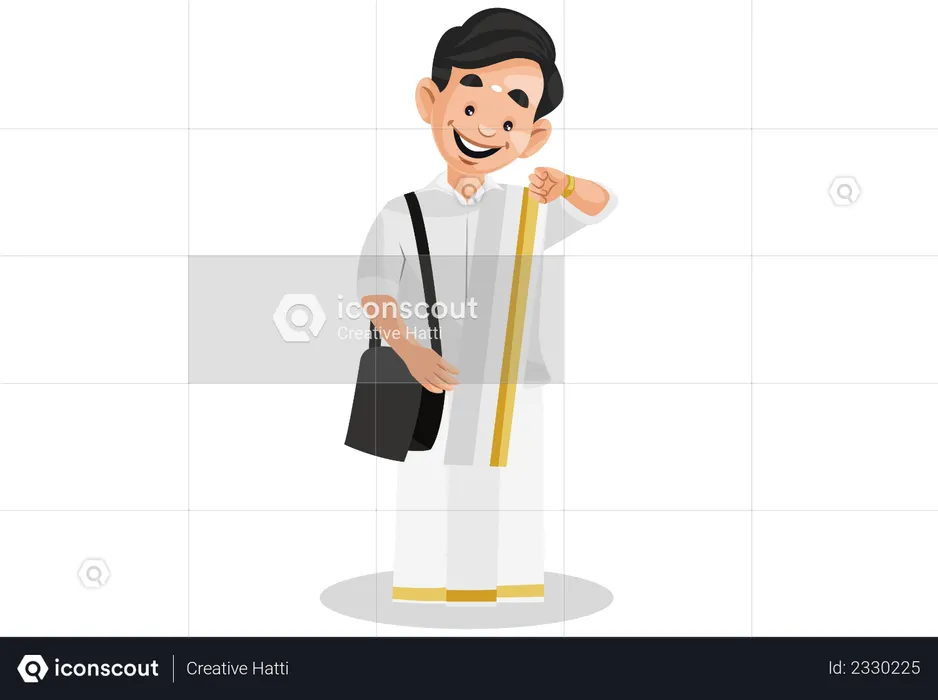 Malayali man is wearing sling bag on the shoulder and seeing time on the wristwatch  Illustration