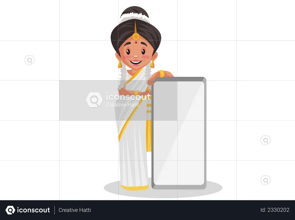 Malayali woman holding blank mobile display  Illustration