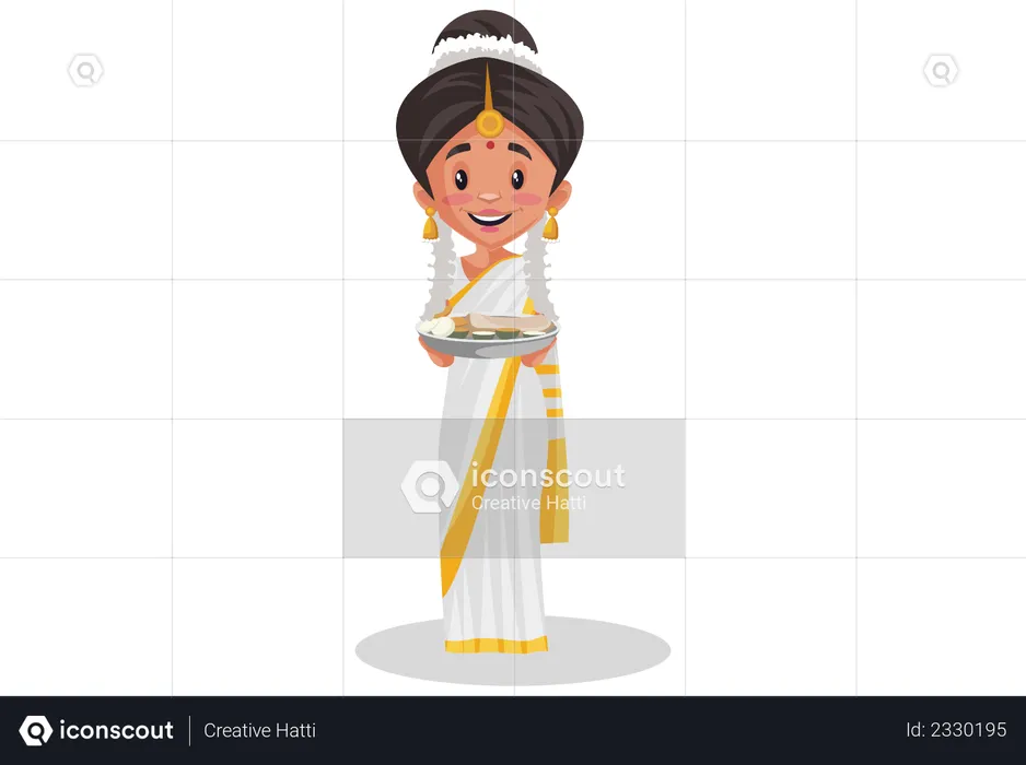 Malayali woman holding food plate in her hands  Illustration