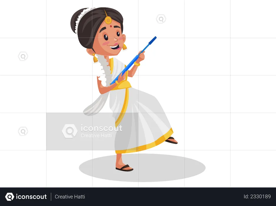 Malayali woman holding mop in her hands as guitar  Illustration