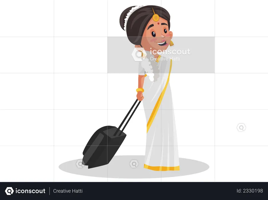 Malayali woman holding suitcase  Illustration