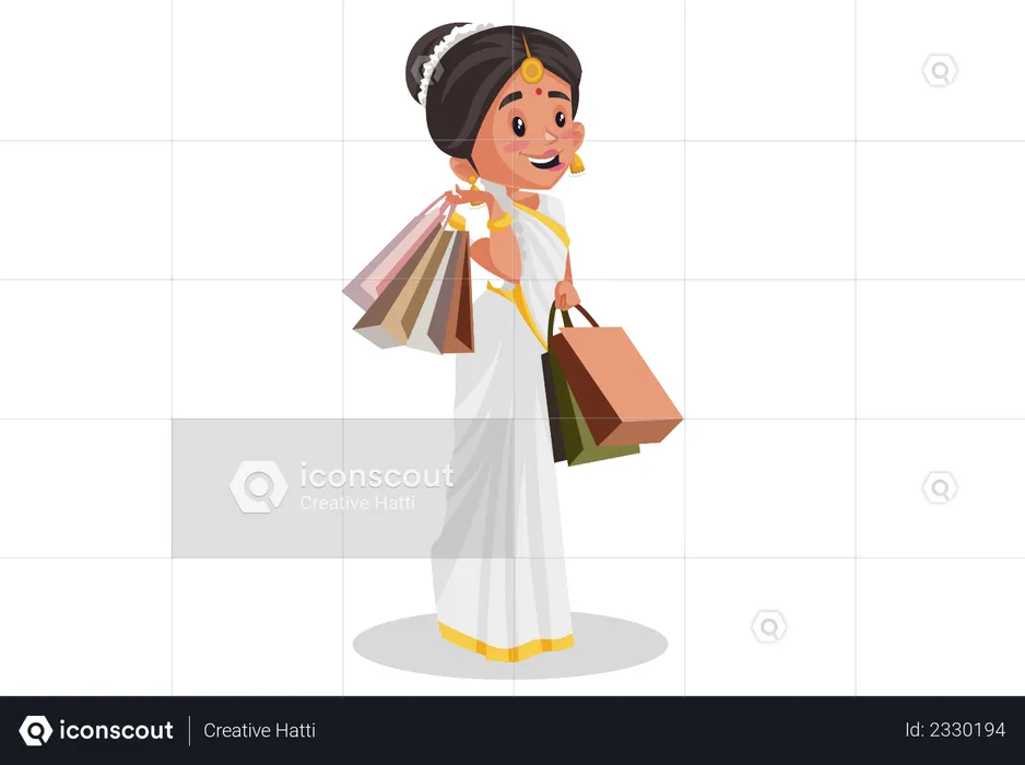 Malayali woman is holding shopping bags in her hands after shopping  Illustration