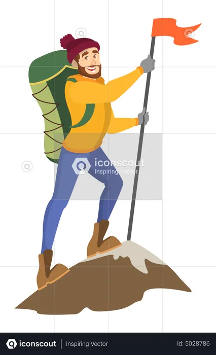 Male alpinist standing on top of the mountain  Illustration