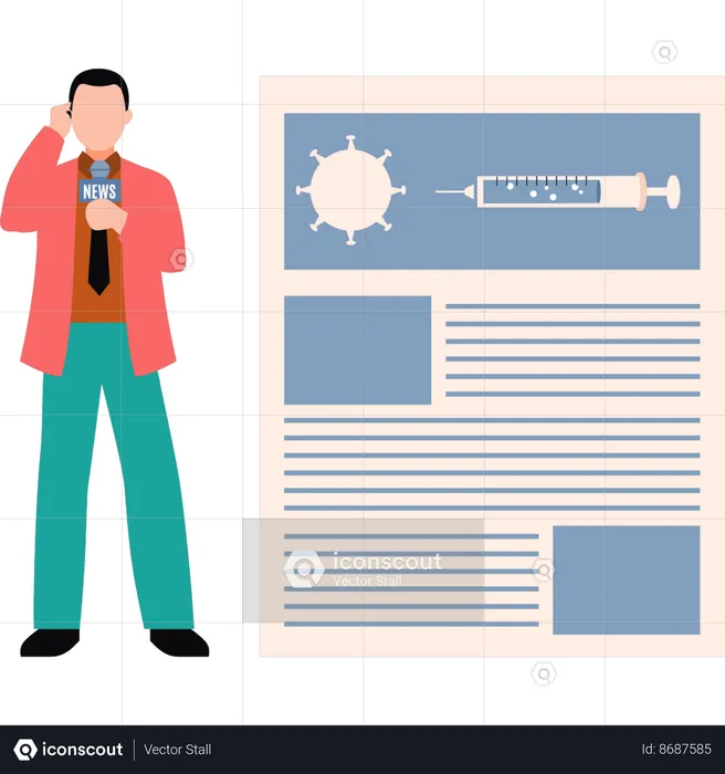 Male anchor is reporting on the webpage  virus  Illustration