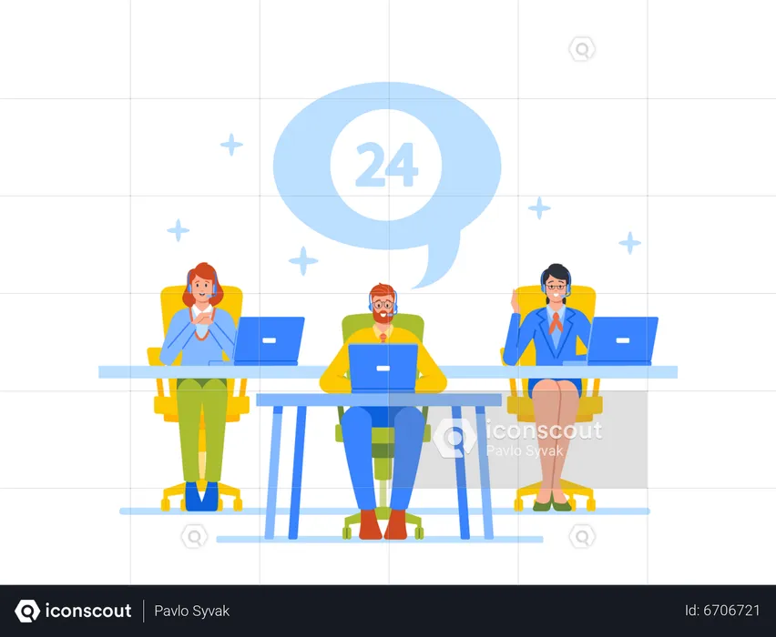 Male And Female Call Center Agents Or Operators With Headset Working On Support  Illustration