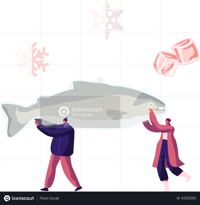 Male and Female Carry Frozen Fish  Illustration