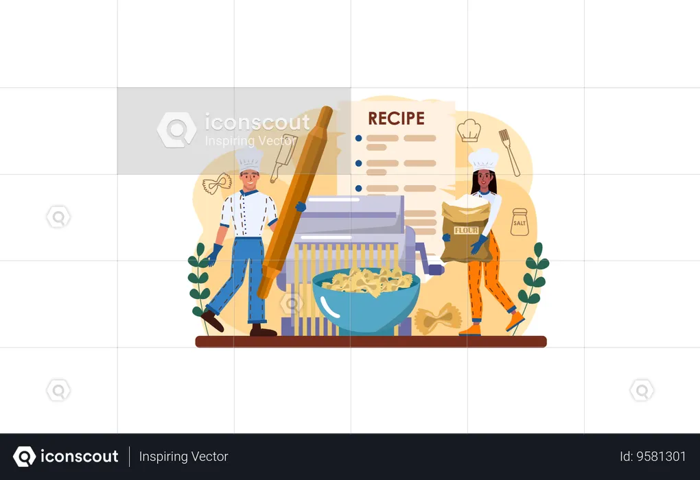 Male and Female Cook cooking Italian food from recipe  Illustration