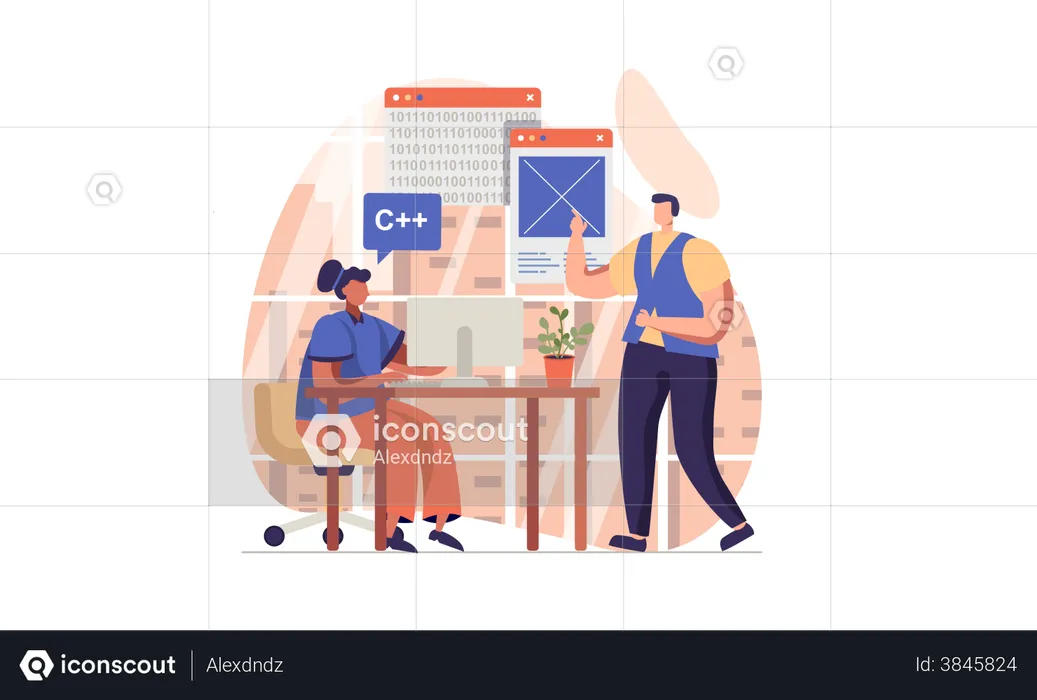 Male And Female Developer Doing Discussion Coding  Illustration