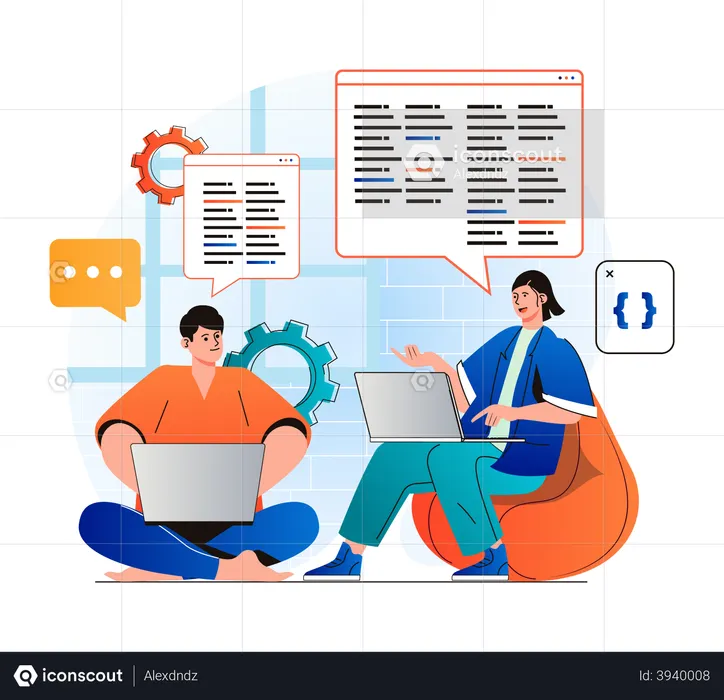Male and female developer doing discussion coding  Illustration