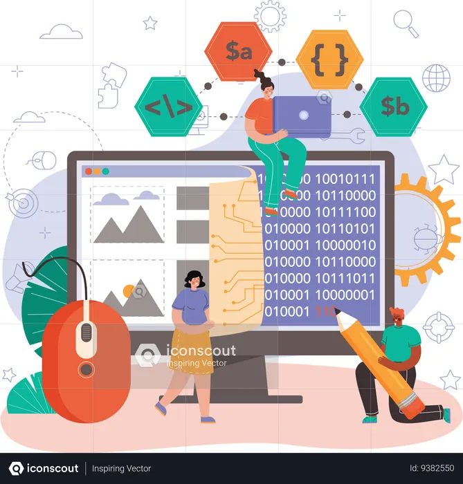 Male and female developer making software using binary code  Illustration