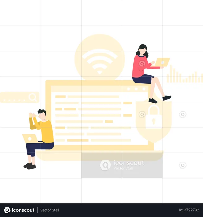 Male and female developers working on cyber security  Illustration