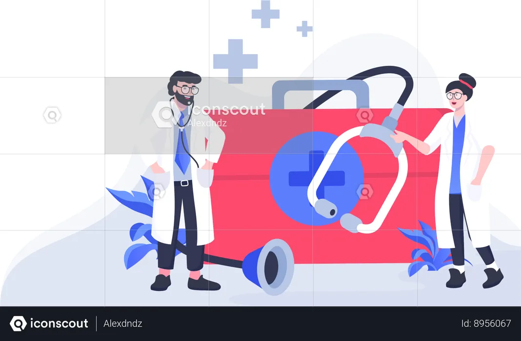 Male and female doctors with first aid kit  Illustration