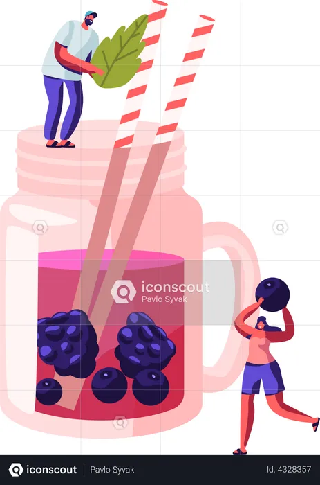Male and Female Drinking Cold mint and berries juice at Summer Time  Illustration