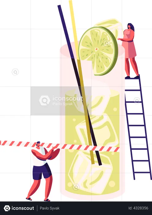 Male and Female Drinking Lime juice at Summer Time  Illustration