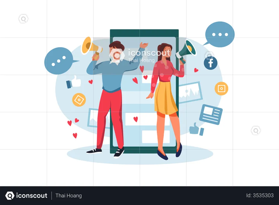 Male and female employee doing online marketing  Illustration