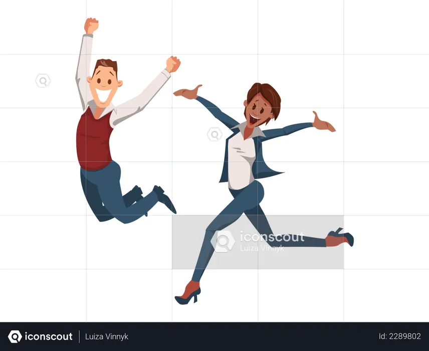 Male and female employee jumping  Illustration