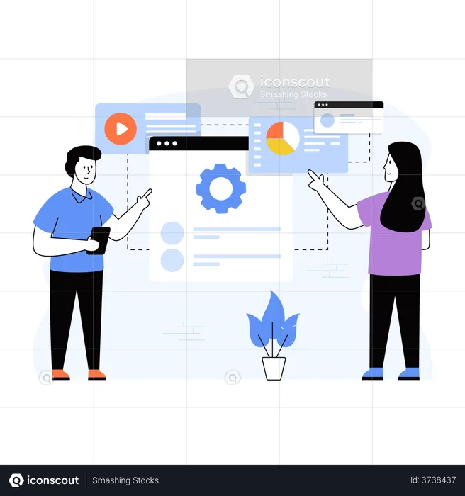 Male and female employee managing workflow  Illustration