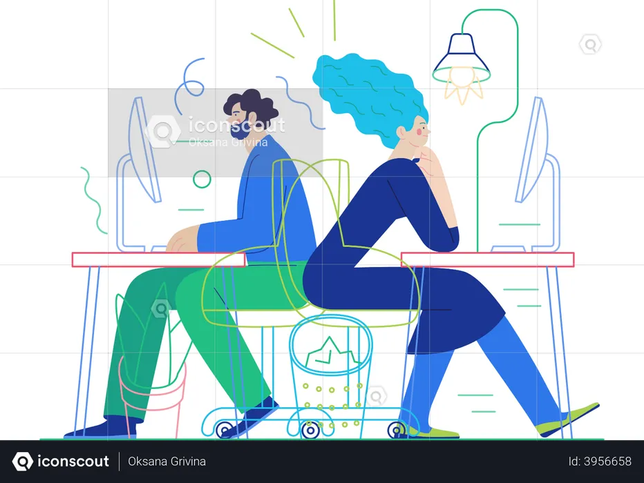Male and female employee working at office desk  Illustration