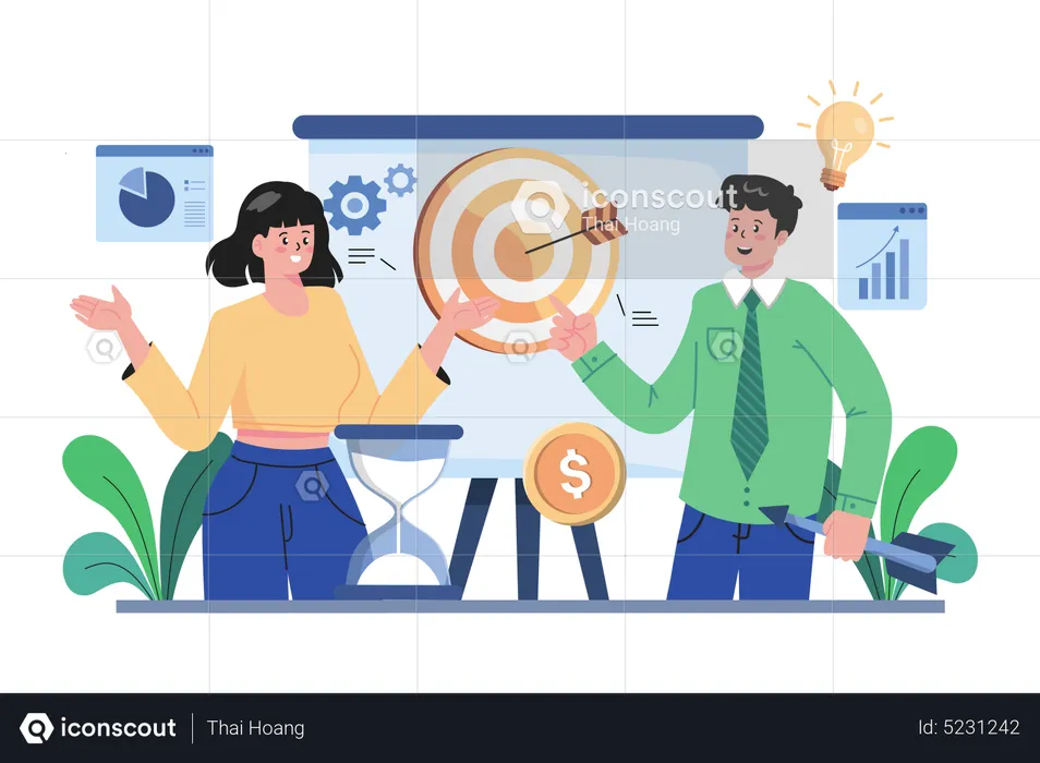 Male and female employee working on goal  Illustration