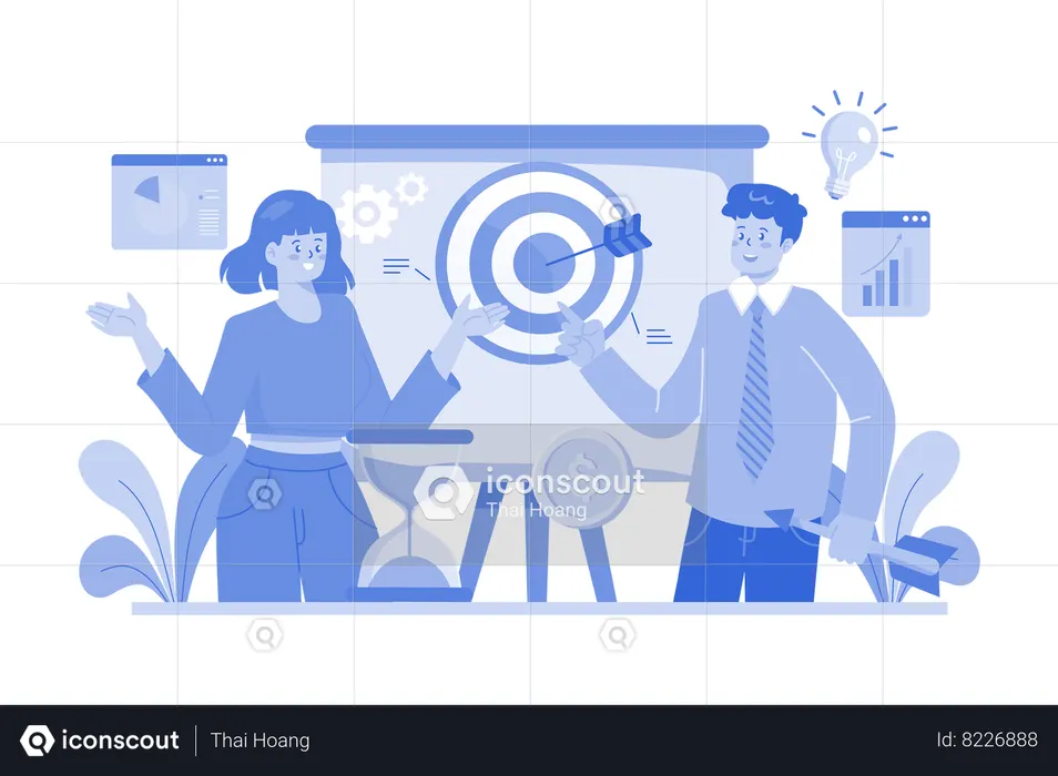 Male and female employee working on goal  Illustration