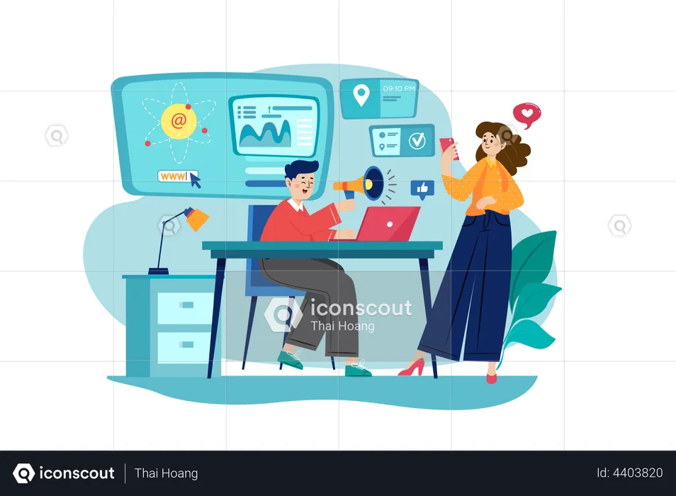 Male and female employees doing online marketing  Illustration