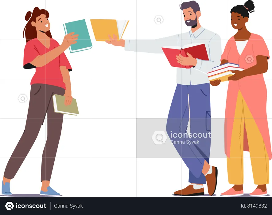 Male and Female Engaging Book Swap  Illustration