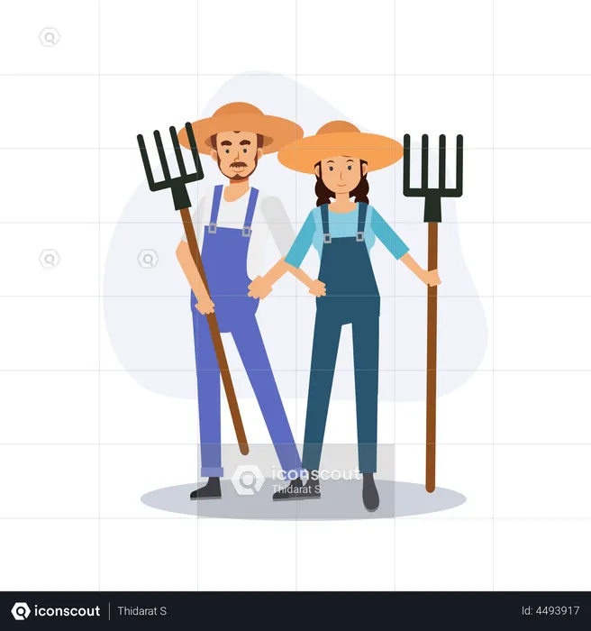 Male and female farmer is holding a rake  Illustration
