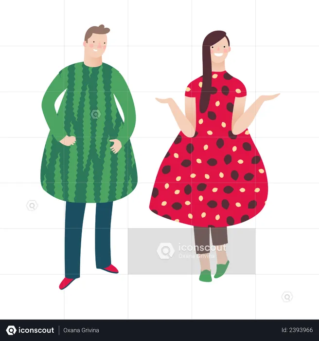 Male and female fashion model wearing fruit dress  Illustration
