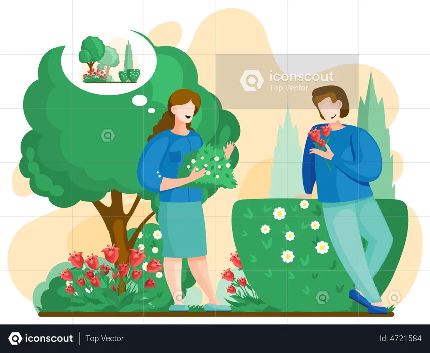 Male and female gardener planting flowers  Illustration
