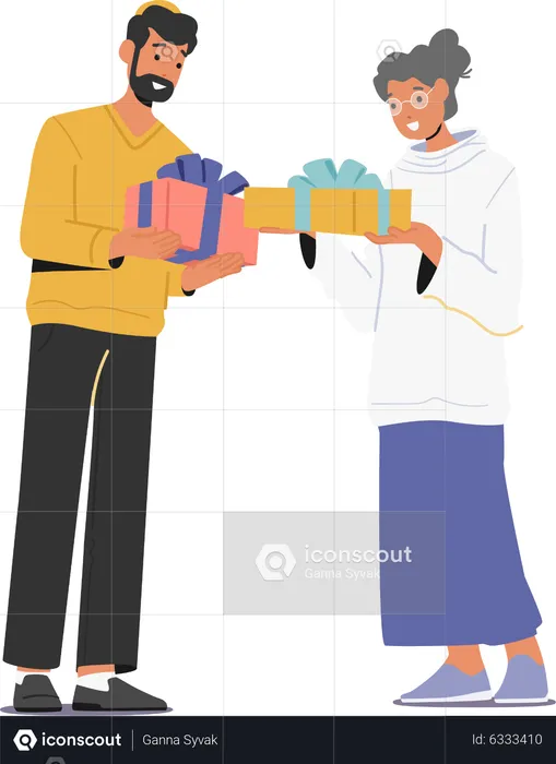 Male And Female Giving Presents To Each Other For Holidays Celebration  Illustration