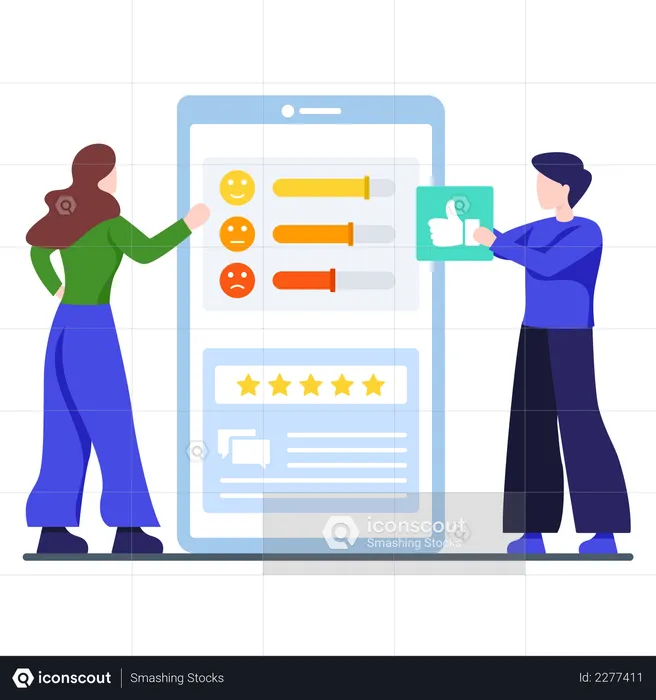 Male and female giving review on smartphone  Illustration