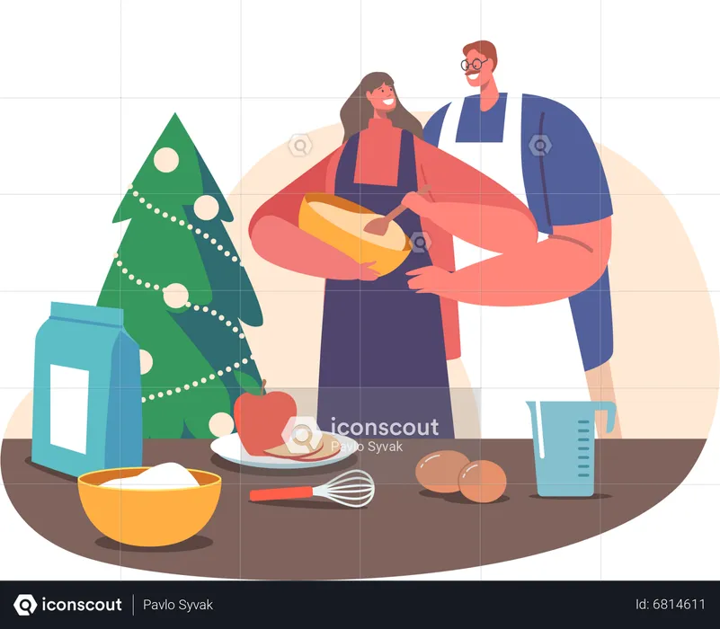 Male and Female Hugging and Prepare Bakery on Kitchen with Decorated Fir Tree  Illustration