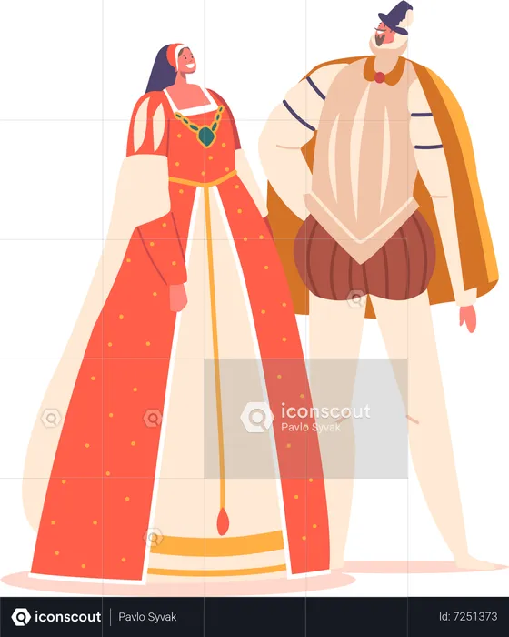 Male and Female In Renaissance Era Costumes Wear Elaborate And Ornate Clothing  Illustration