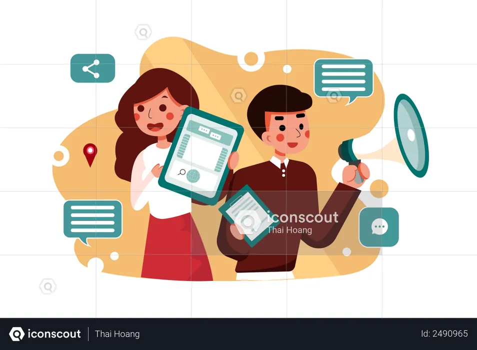 Male and female marketing employees doing social media marketing  Illustration