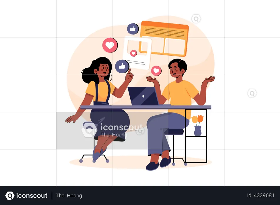 Male and female marketing employees doing social media marketing  Illustration