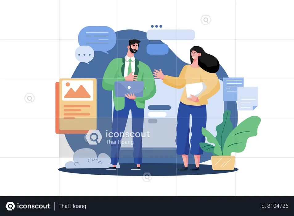 Male and female marketing employees working on image marketing  Illustration