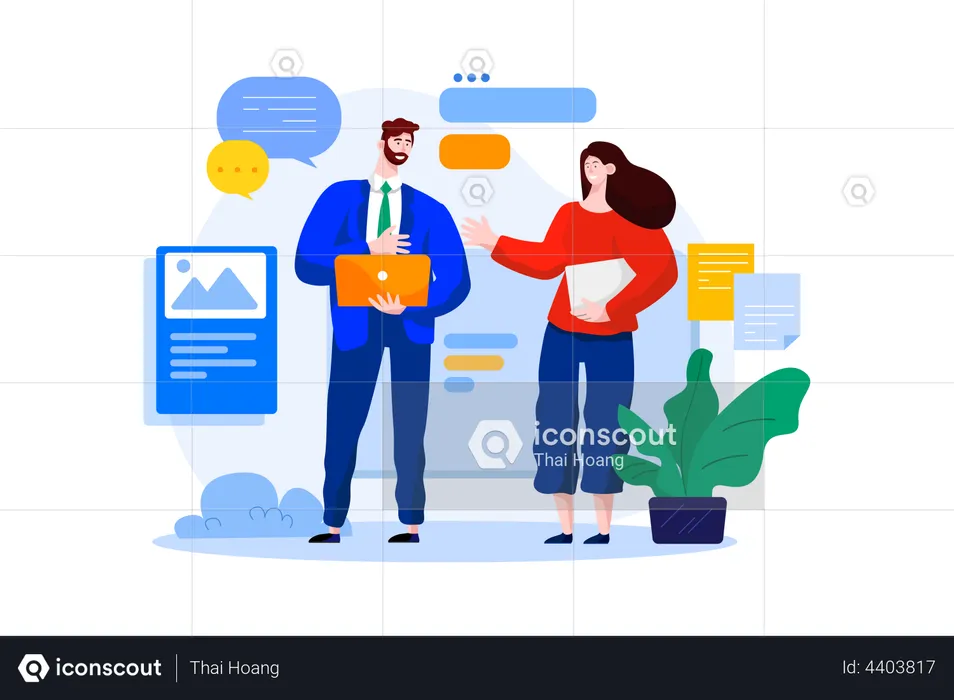 Male and female marketing employees working on image marketing  Illustration
