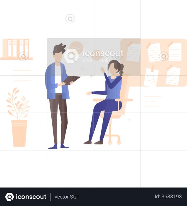 Male and female office employee discussing business plan  Illustration