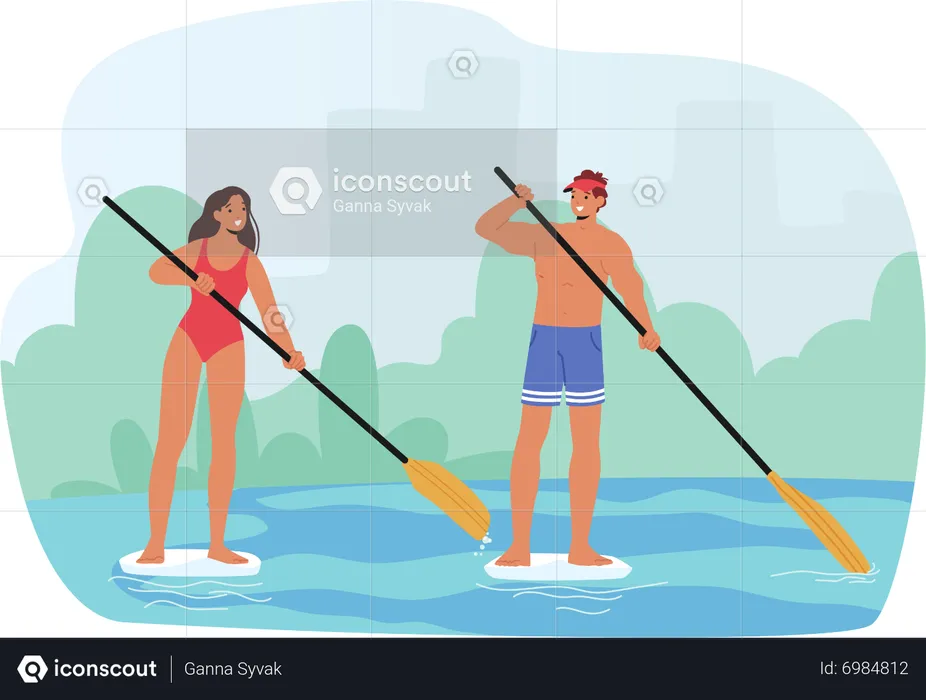 Male and Female Paddle boarding  Illustration