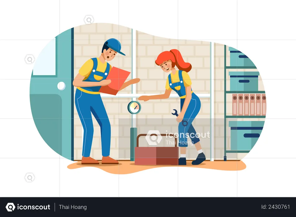 Male and female plumbers fitting pipe  Illustration