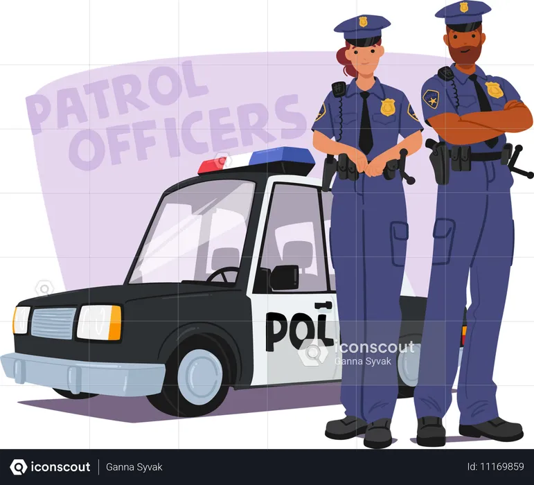 Male And Female Police Officers In Uniform Standing By Patrol Car  Illustration